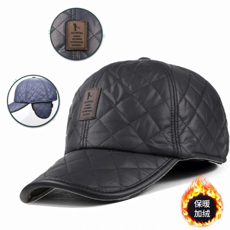 Winter Mens Leather Baseball Cap with Ear Protection