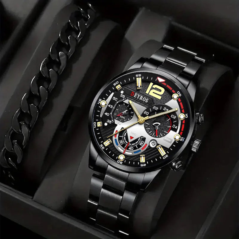 2 Piece Luxury Mens Silver Quartz Watch with Stainless Steel Bracelet