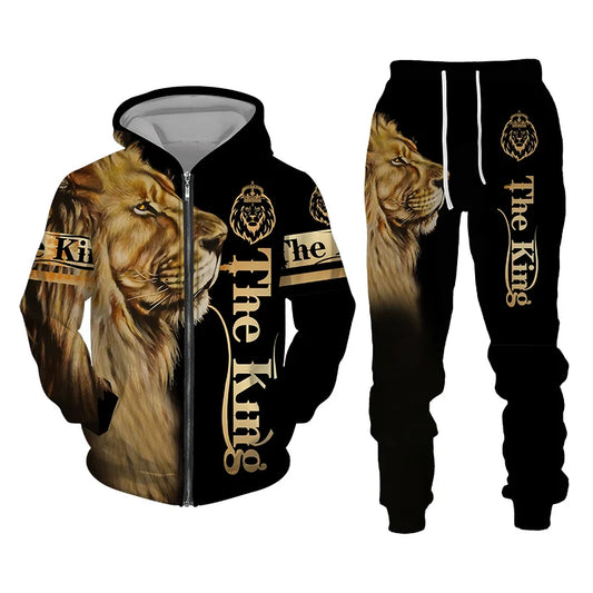 The Lion Print Zipper Hoodie Set