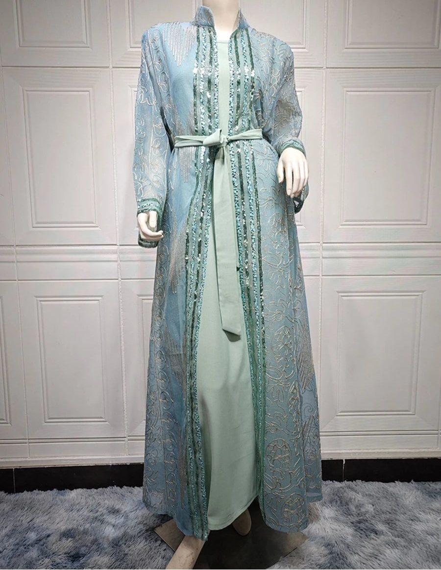 Long Sleeve Kuwaiti Party Gown With Belt