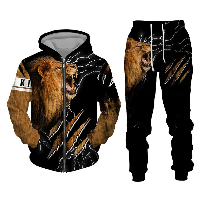 The Lion Print Zipper Hoodie Set