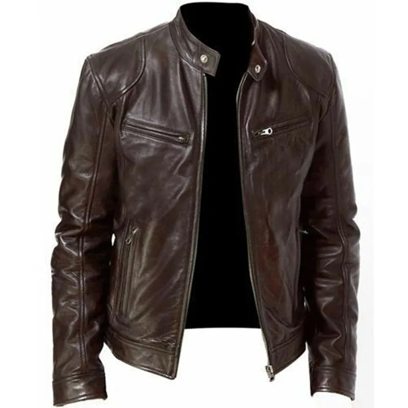 Mens Vintage Stand Up Collar Leather Jacket