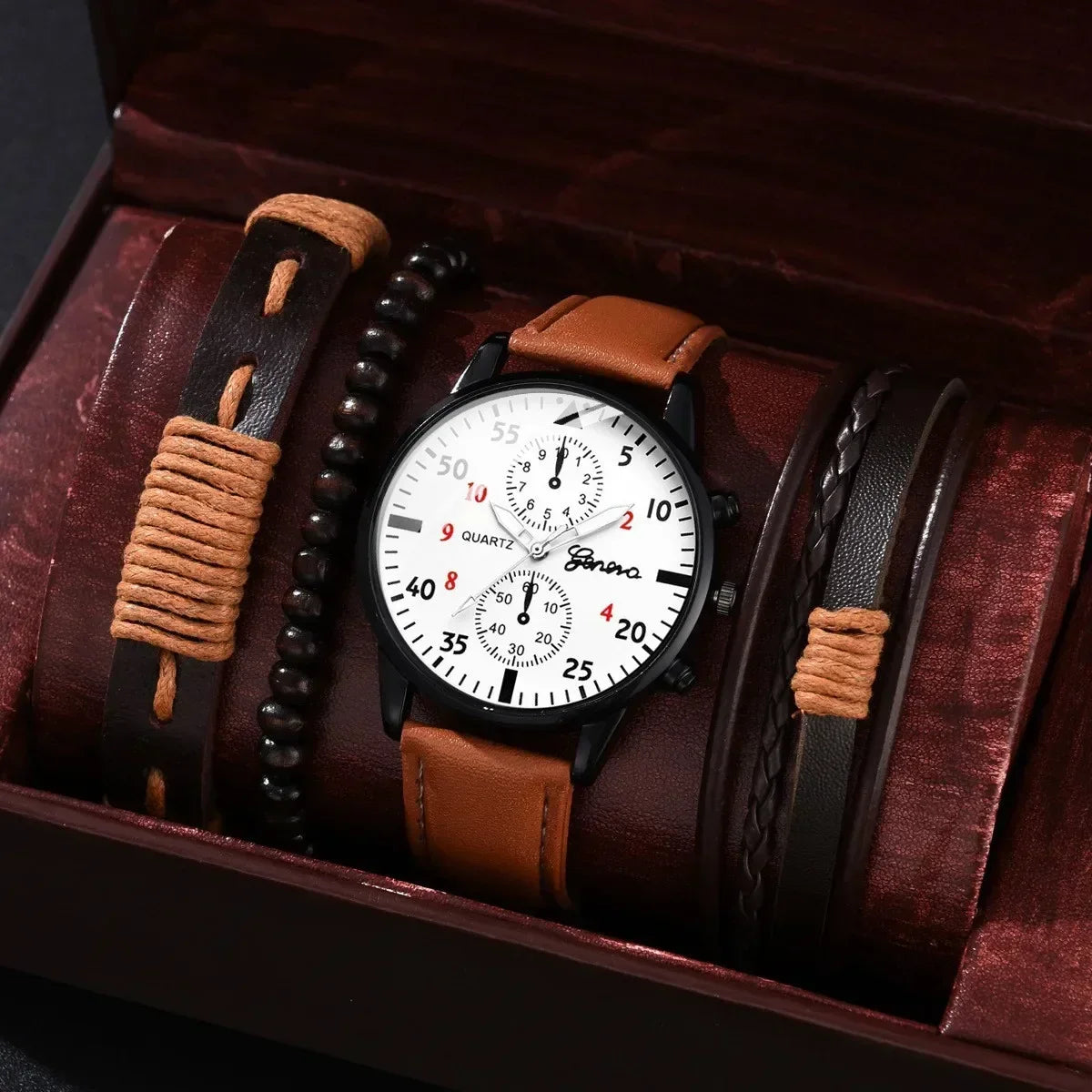 Watch Set – Quartz, Brown Leather Bracelet, Casual Style