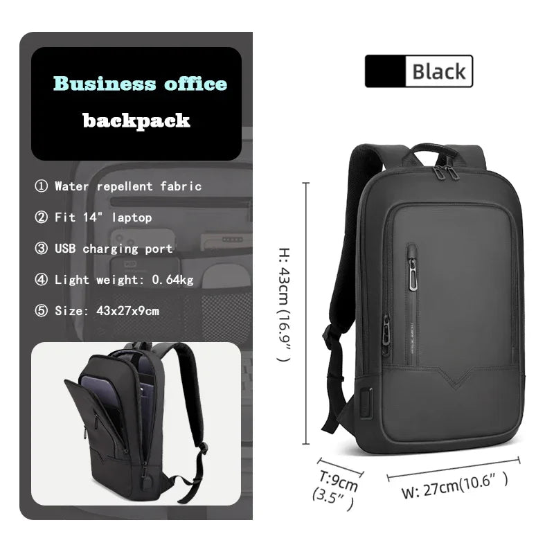 Slim Backpack for Men 15.6" Laptop, Waterproof & Travel Bag with USB Charging