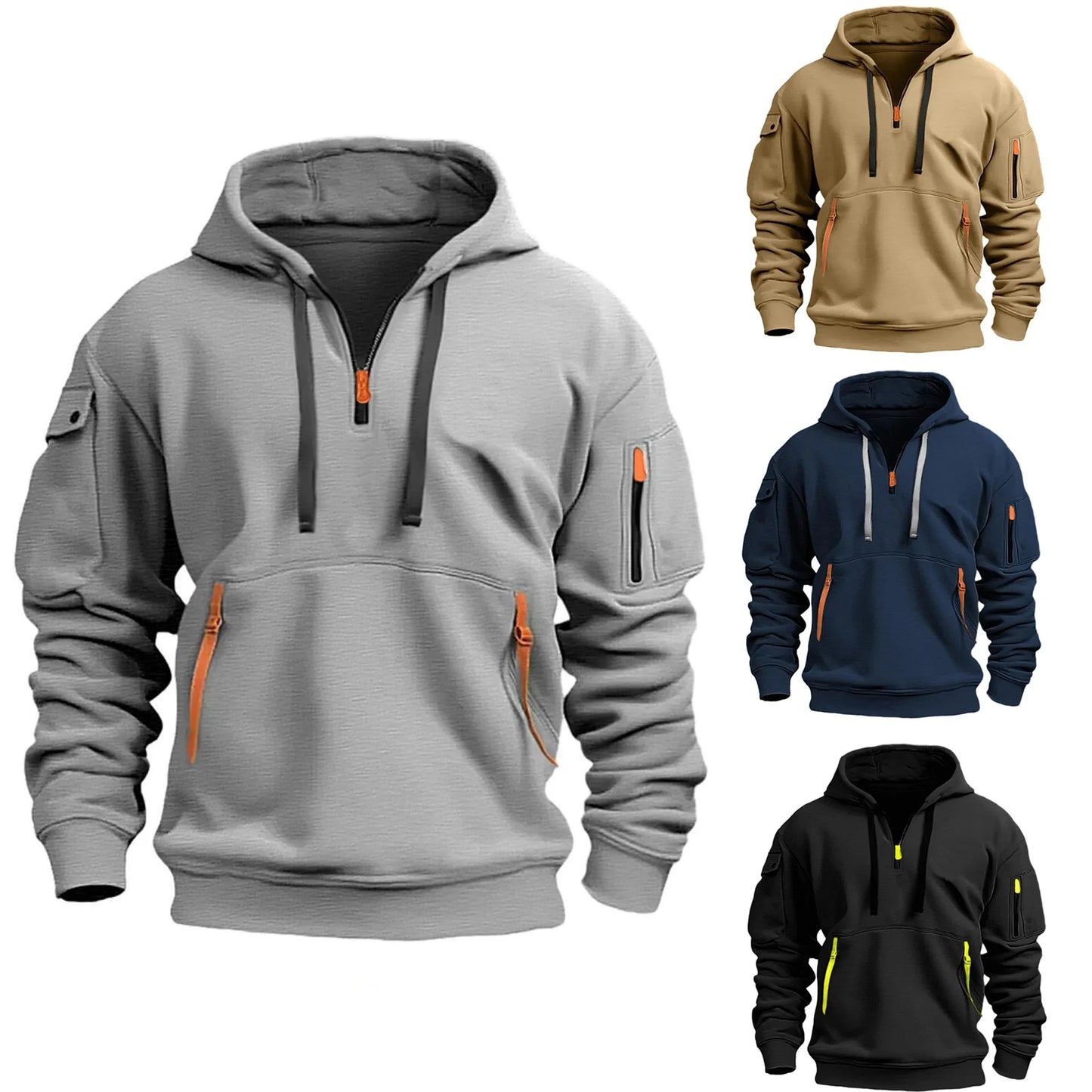 New Multi Pocket Zipper Fleece Hoodie