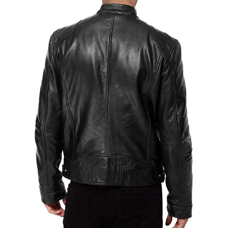 Mens Vintage Stand Up Collar Leather Jacket