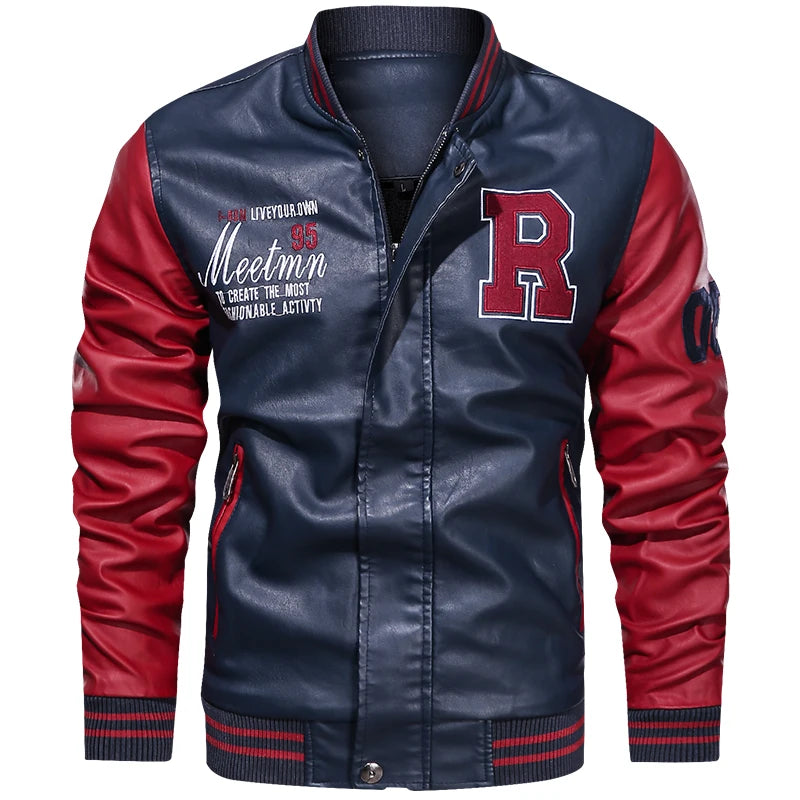 Leather Motorcycle Jacket with Baseball Collar