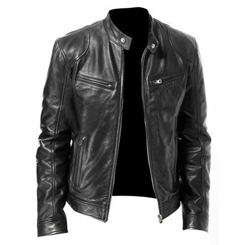 Mens Vintage Stand Up Collar Leather Jacket