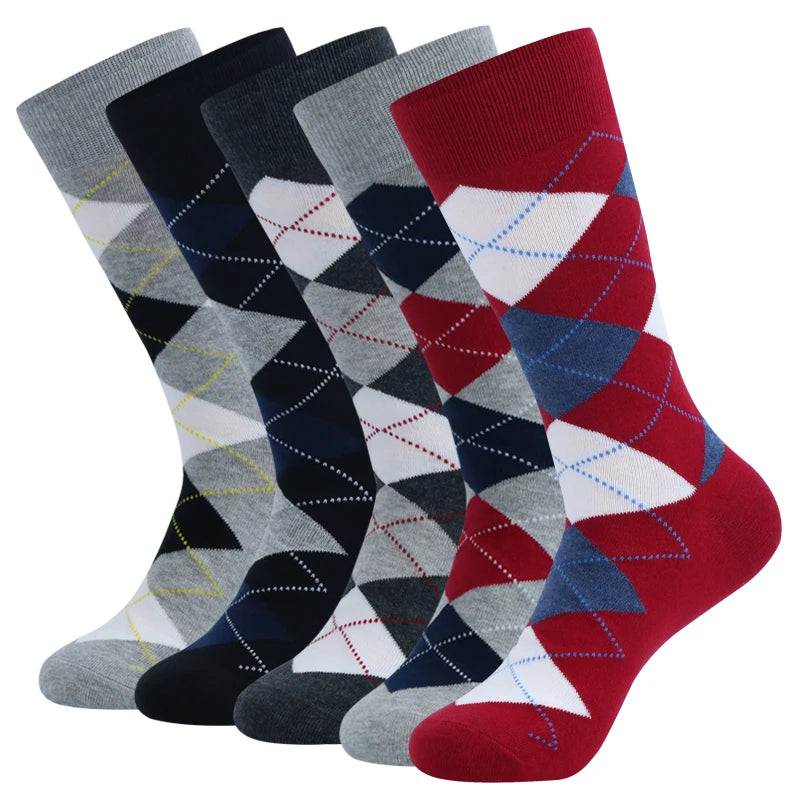 5 Pairs Men's Large Size Combed Cotton Argyle Dress Socks