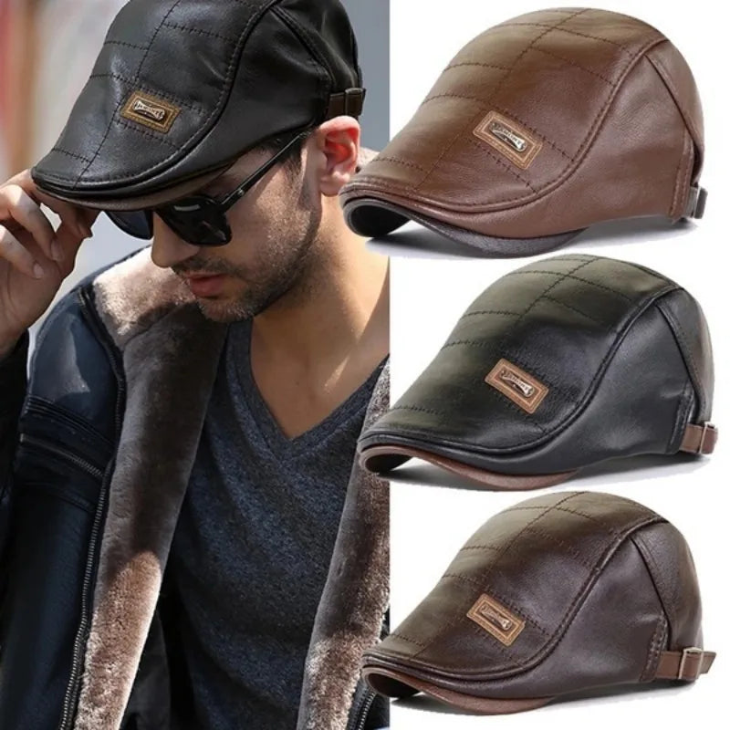 Leather Newsboy Cap - Retro Beret Hat for Men